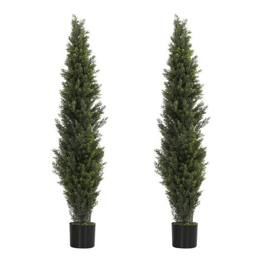HOMCOM Set of 2 Decorative Artificial Plants Cypress in Weighted Pot, two tall green trees in black pots