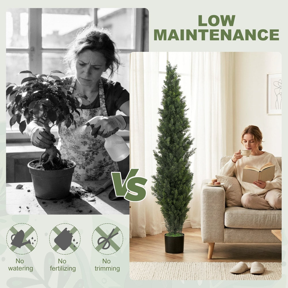 The artificial cypress tree is shown next to a woman reading, with text indicating low maintenance