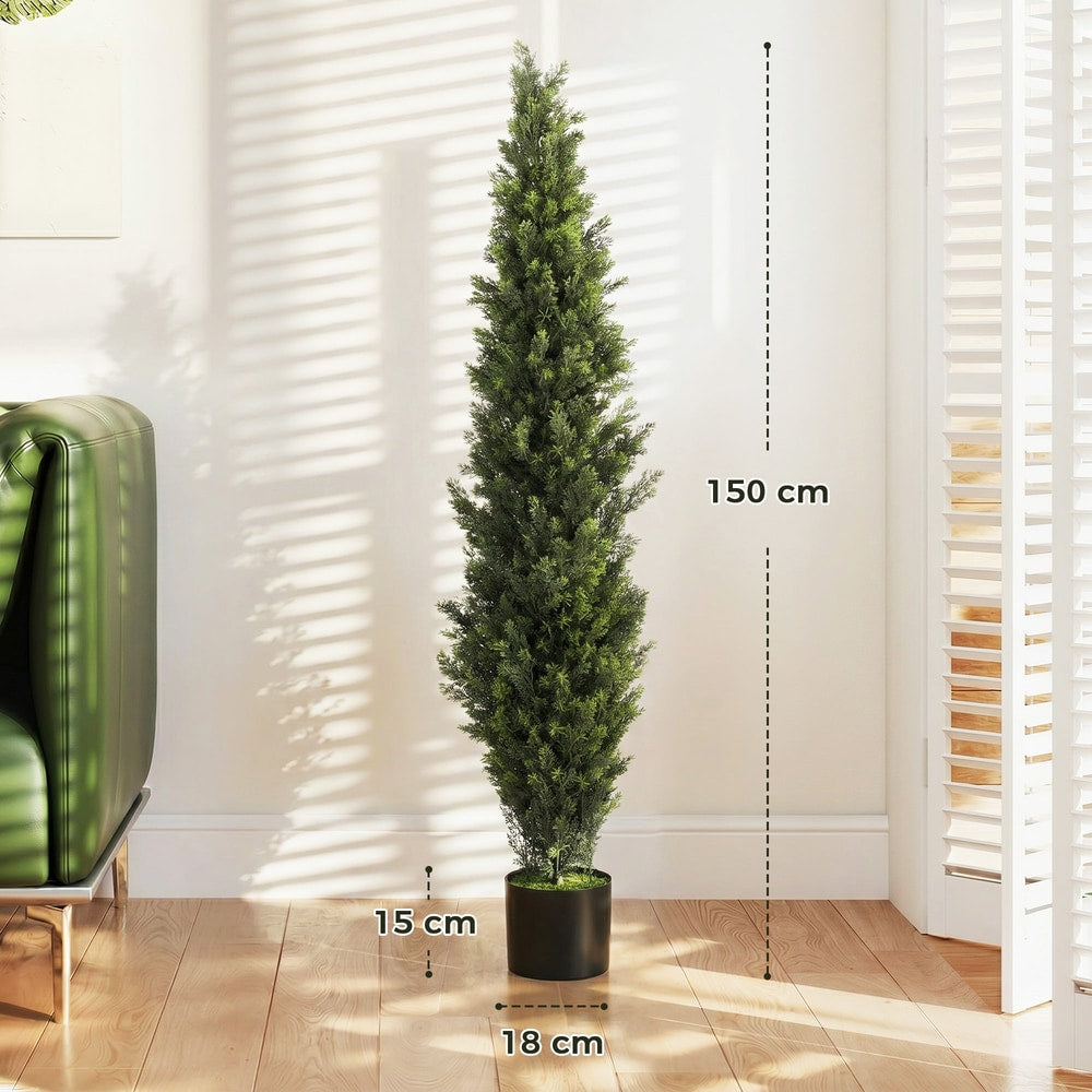 The artificial cypress tree is shown with dimensions marked