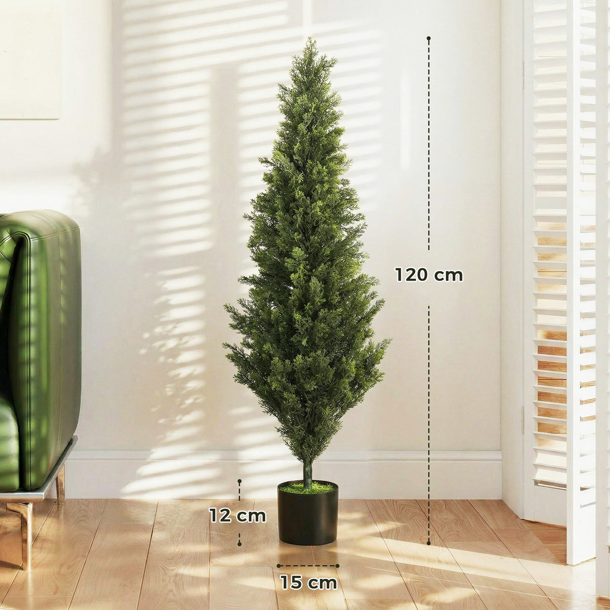 A single decorative artificial cypress plant with dimensions shown