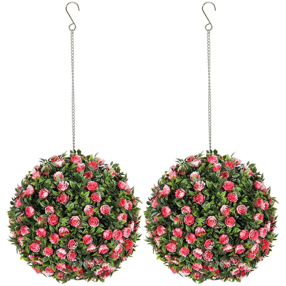 HOMCOM Set of 2 Decorative Artificial Plants, pink rose topiary balls hanging from chains