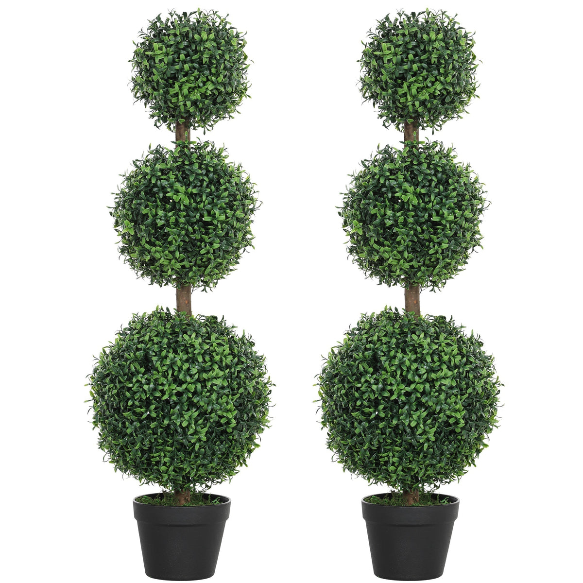 HOMCOM Set of 2 Decorative Artificial Trees, two ball-shaped boxwood trees in black pots