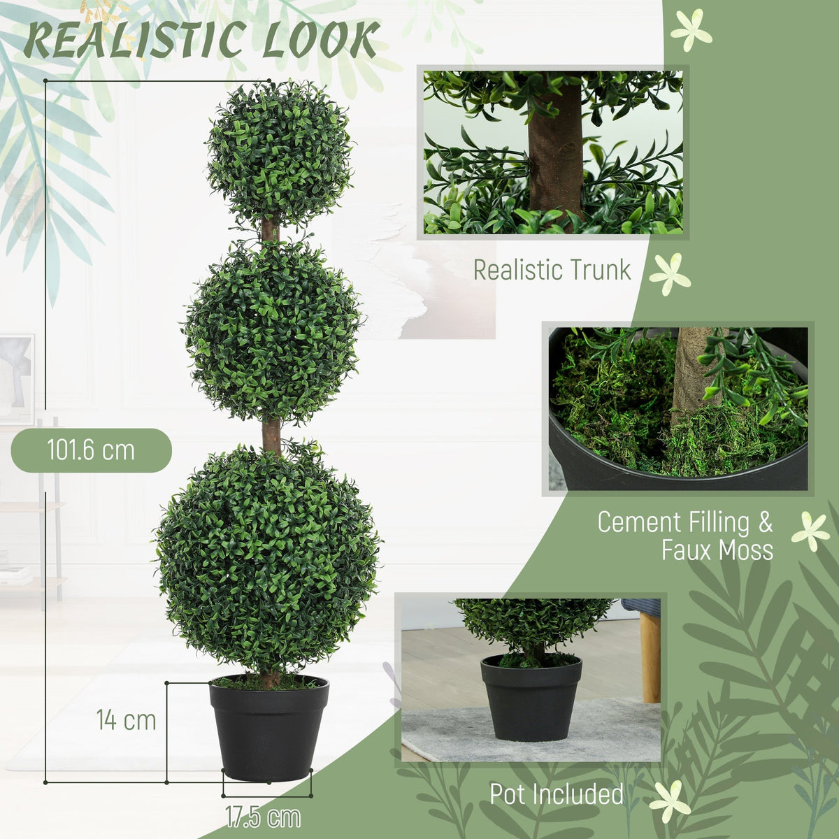 Size diagram of a decorative artificial tree showing height and pot dimensions