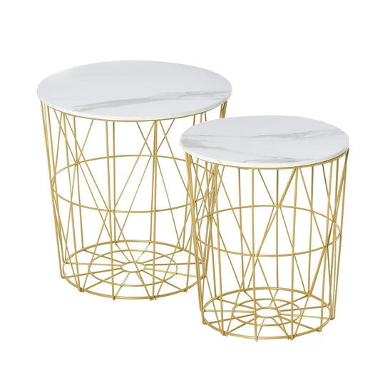 HOMCOM Set of 2 Nesting Side Tables with Storage, two round tables with white marble effect tops and gold wire bases