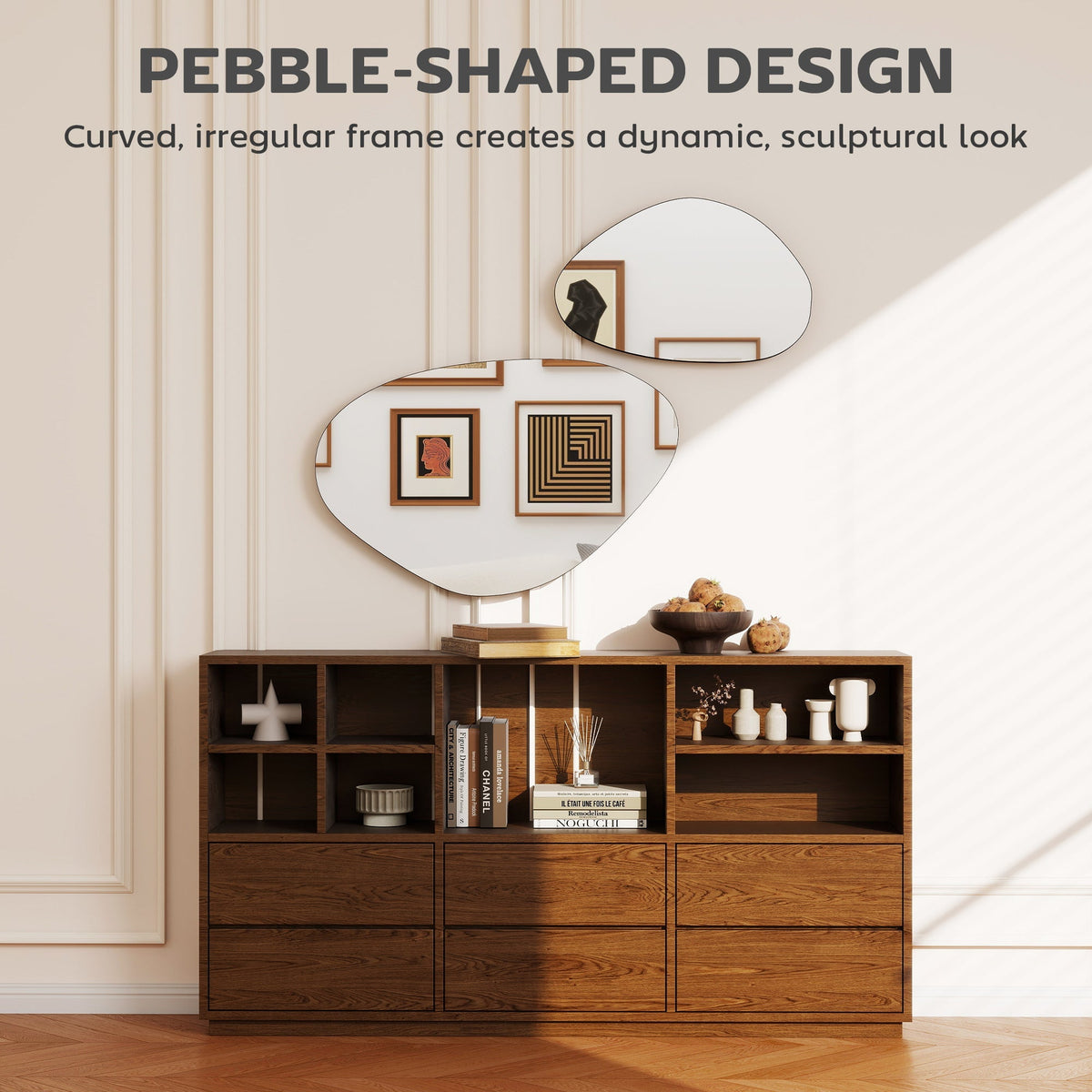The wall mirrors arranged on a wall with text highlighting the pebble shaped design