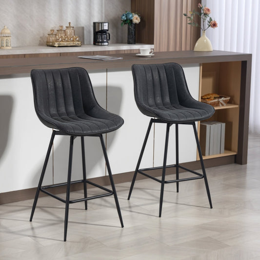 Two black PU leather swivel bar stools placed at a kitchen counter