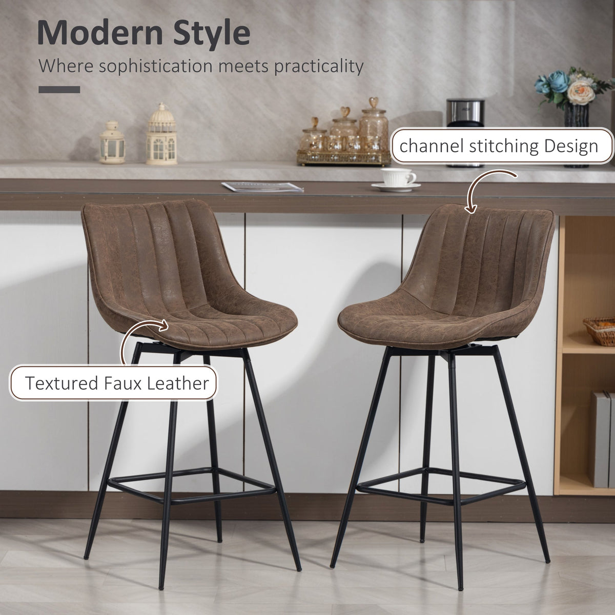 Close up of the brown PU leather swivel bar stools showing texture and stitching