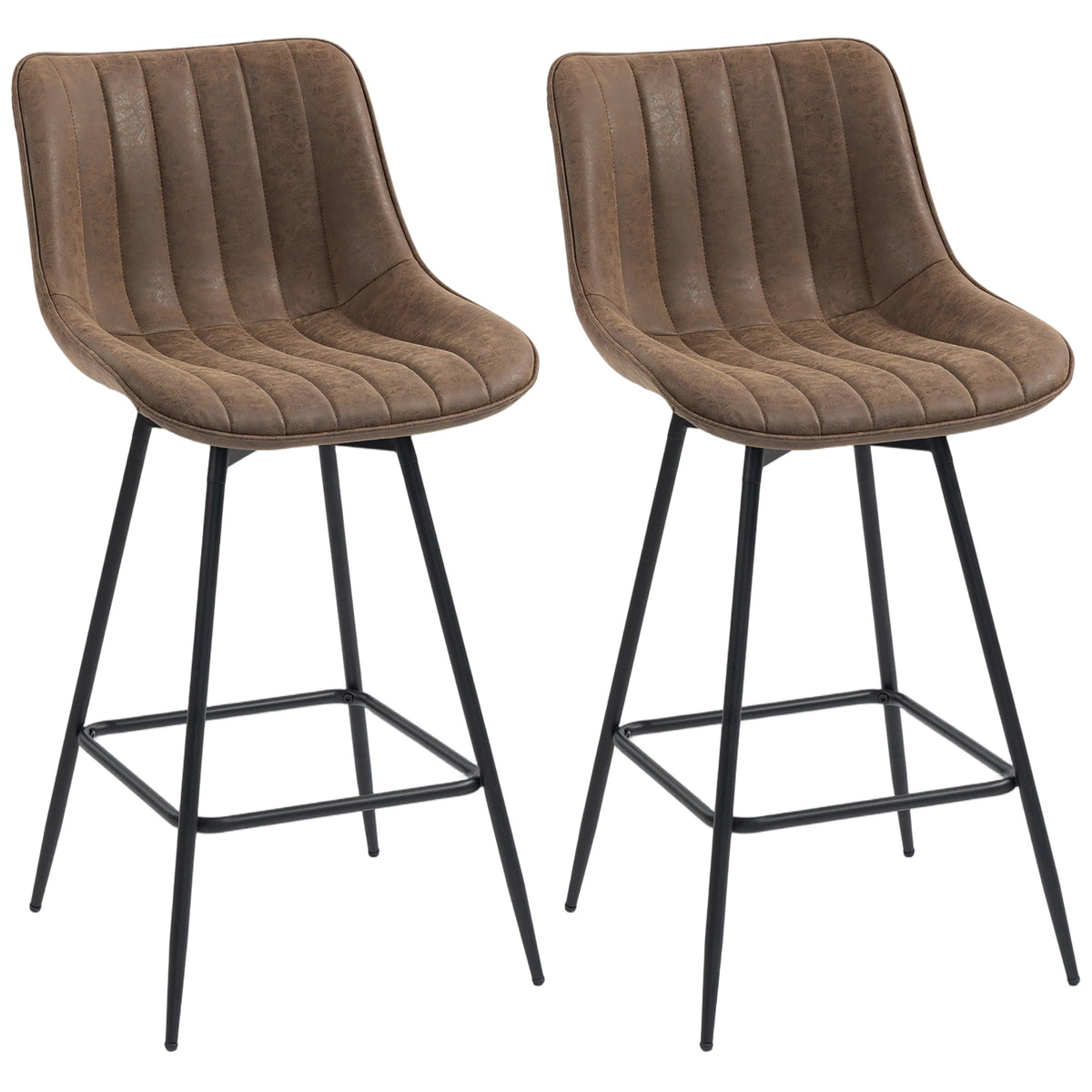 HOMCOM Set of 2 PU Leather Swivel Bar Stools - brown faux leather with black metal legs
