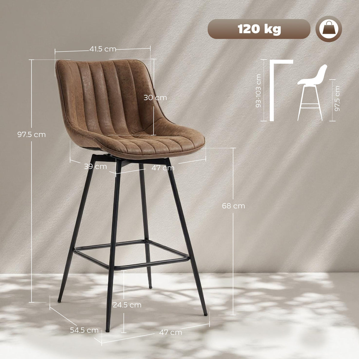 Dimensions diagram for a brown PU leather swivel bar stool