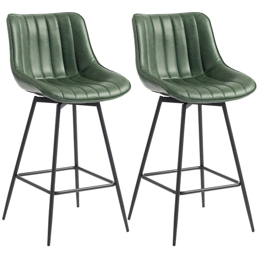 HOMCOM Set of 2 PU Leather Swivel Bar Stools in dark green with black metal legs