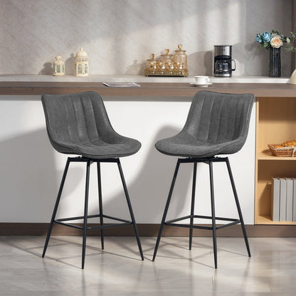 Two grey PU leather swivel bar stools in a kitchen setting