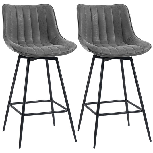 HOMCOM Set of 2 PU Leather Swivel Bar Stools in grey with black metal legs
