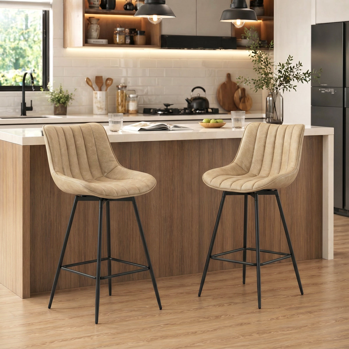 Two light brown PU leather swivel bar stools in a modern kitchen setting