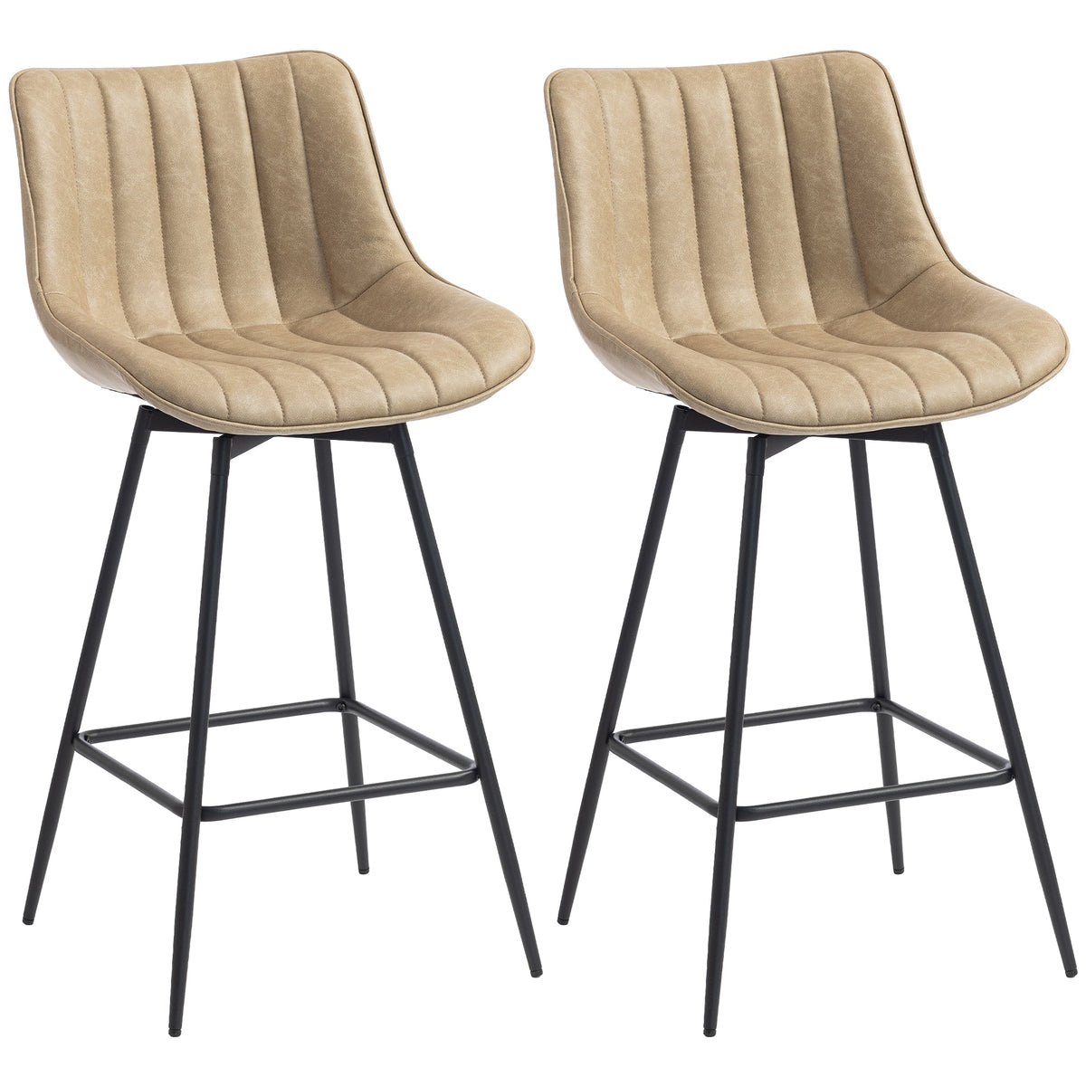 HOMCOM Set of 2 PU Leather Swivel Bar Stools in light brown with black metal legs
