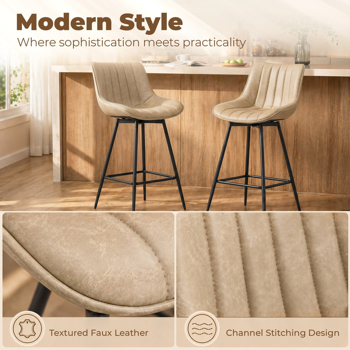 Close up of the textured faux leather and channel stitching on the bar stools