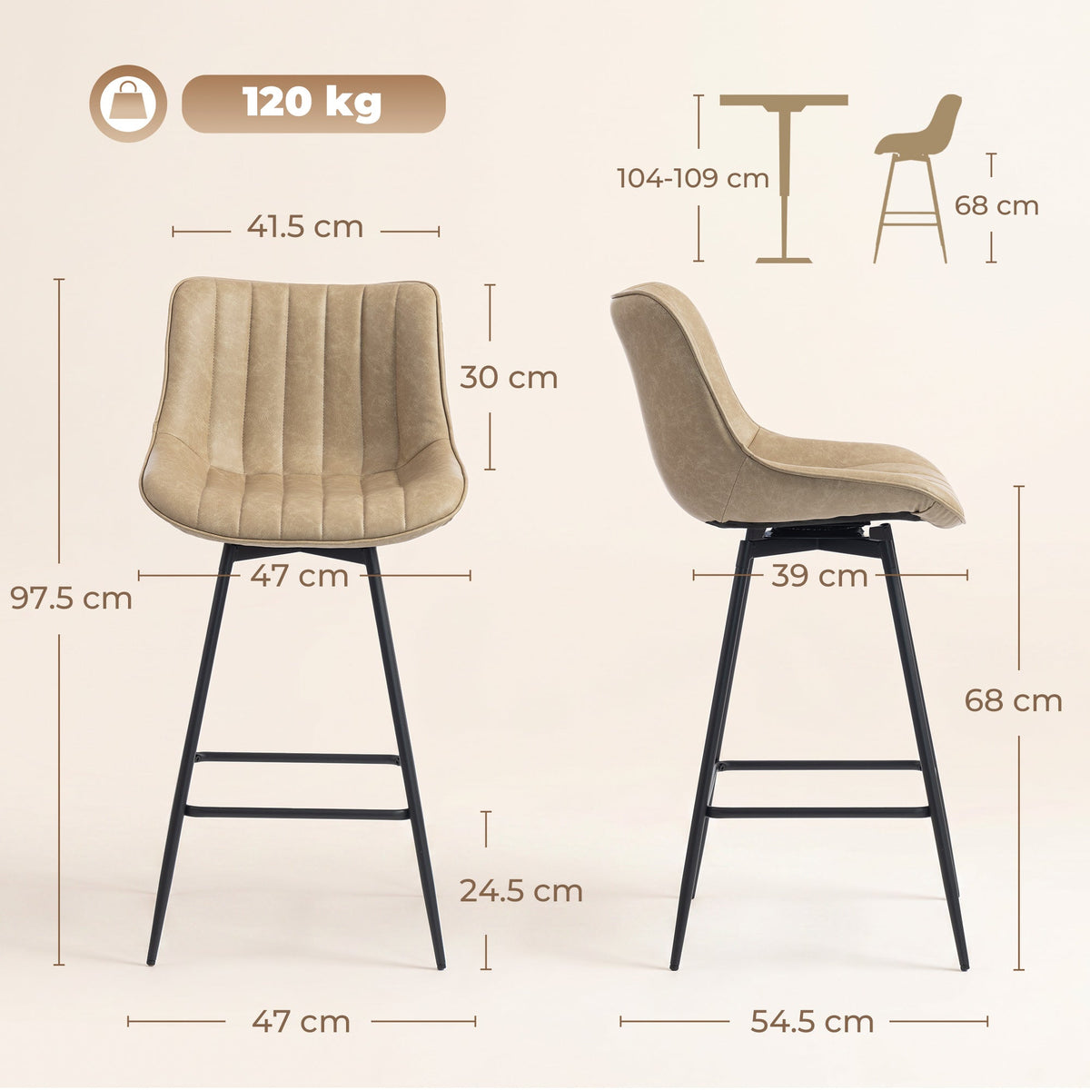 Dimensions of the light brown PU leather swivel bar stools with diagrams
