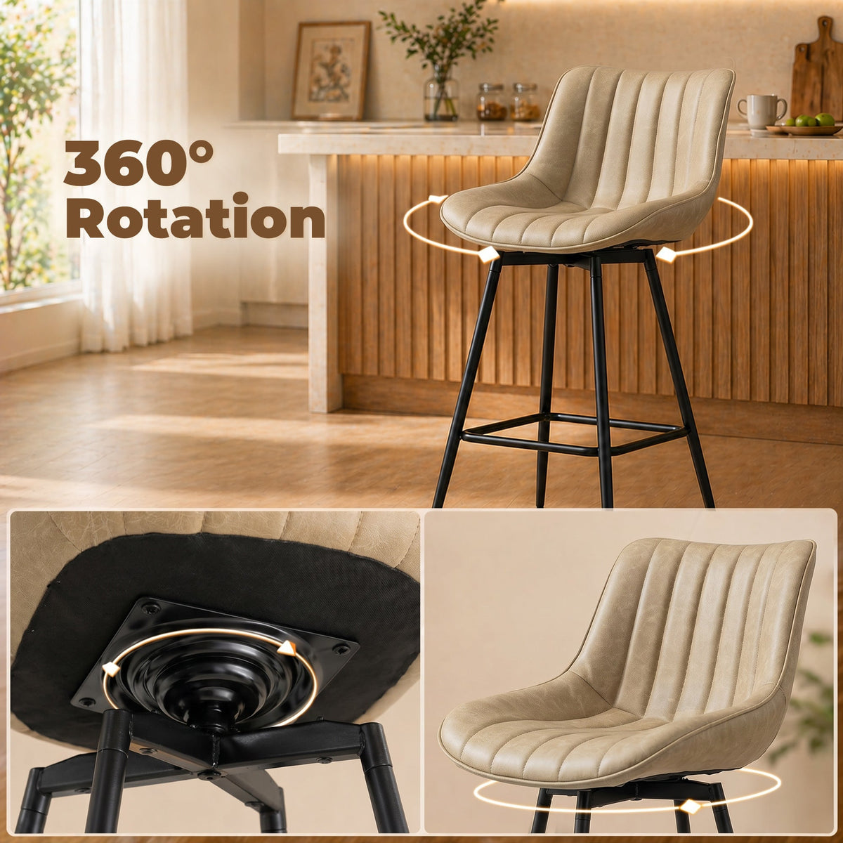 Underside view of the swivel mechanism and side view of a bar stool