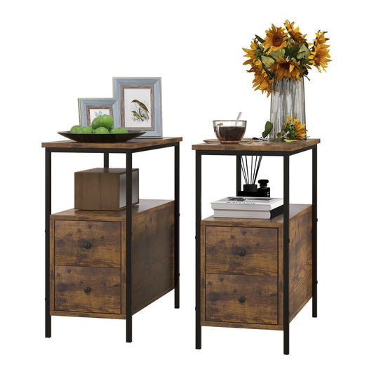 HOMCOM Set of 2 Side Table with rustic brown finish and black metal frame