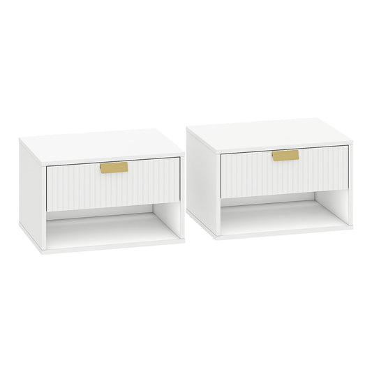 HOMCOM Set of 2 Wall Mounted Nightstands in white with fluted drawer and open shelf