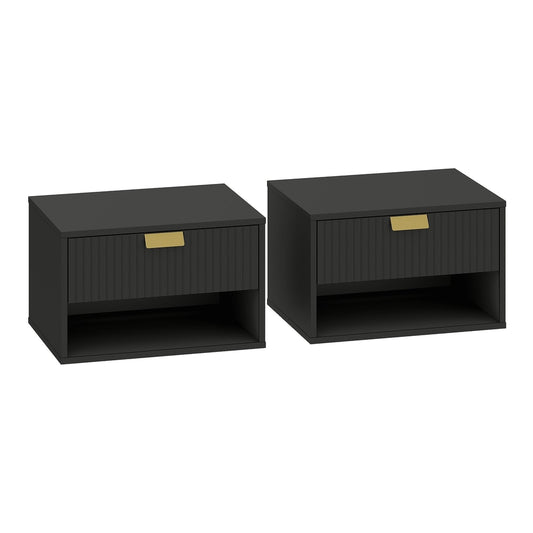 HOMCOM Set of 2 Wall Mounted Nightstands in black with fluted drawers and open shelves
