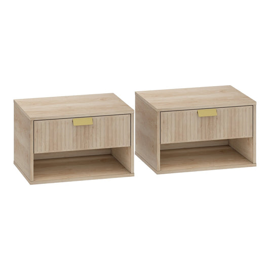 HOMCOM Set of 2 Wall Mounted Nightstands in light oak wood with a fluted drawer and open shelf