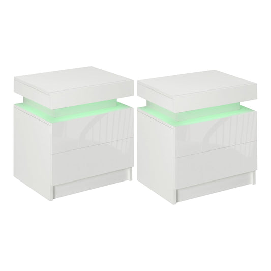 HOMCOM Set of 2 White Bedside Tables with LED lights, high gloss fronts and four drawers