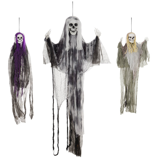 HOMCOM Set of 3 Hanging Skeleton Halloween Decorations, three spooky ghosts with different coloured hair