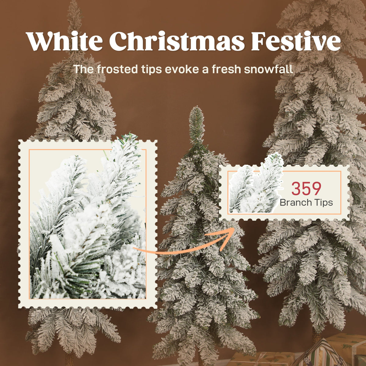 The artificial Christmas trees with a close-up inset showing the snowy texture of the branches