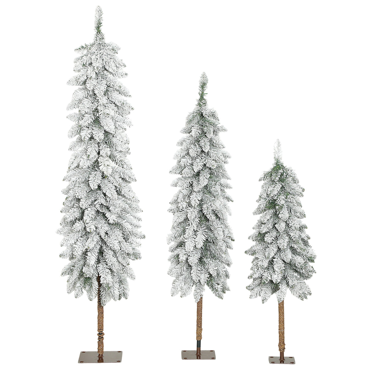 HOMCOM Set of 3 Pencil Flocked Christmas Tree standing in a row against a plain white background