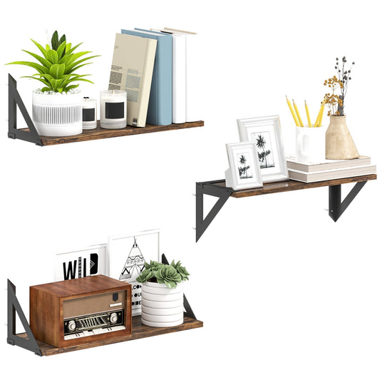 HOMCOM Set of 3 Wall Shelves featuring rustic brown wooden surfaces and black metal side brackets