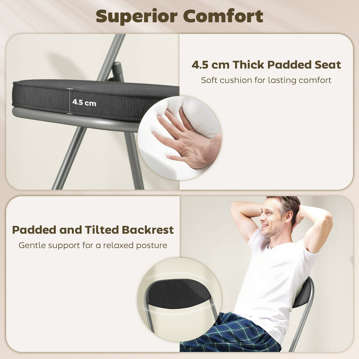 The dining chairs featuring close-ups of the thick seat cushion and the tilted backrest
