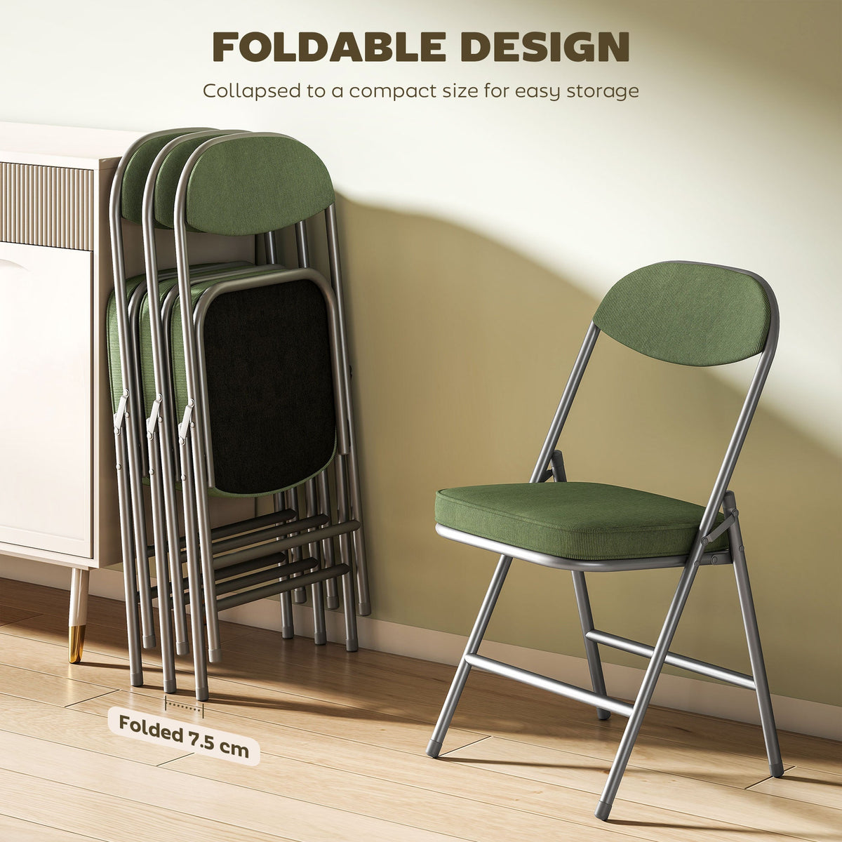 Stack of green folding dining chairs folded flat for storage