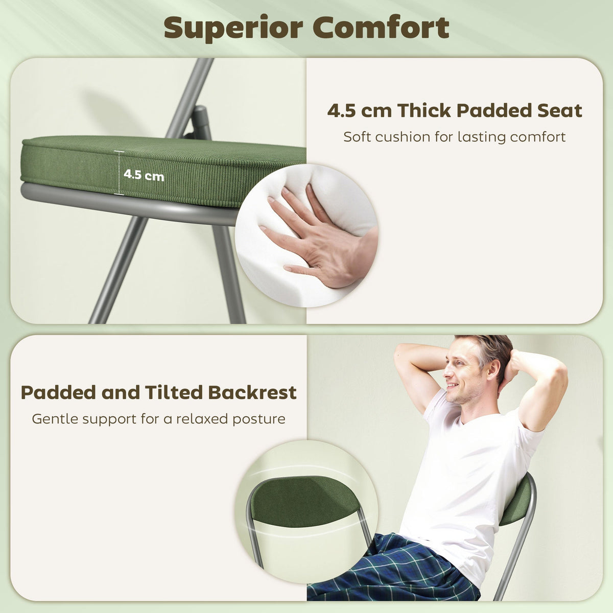 Close up of the padded seat and backrest of the green folding dining chairs