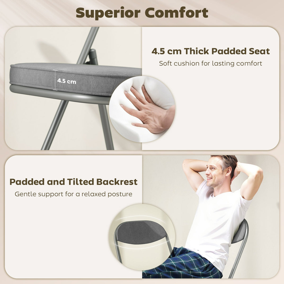 The padded seat and backrest features highlighted with close-up details and a person sitting