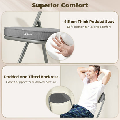 The padded seat and backrest features highlighted with close-up details and a person sitting