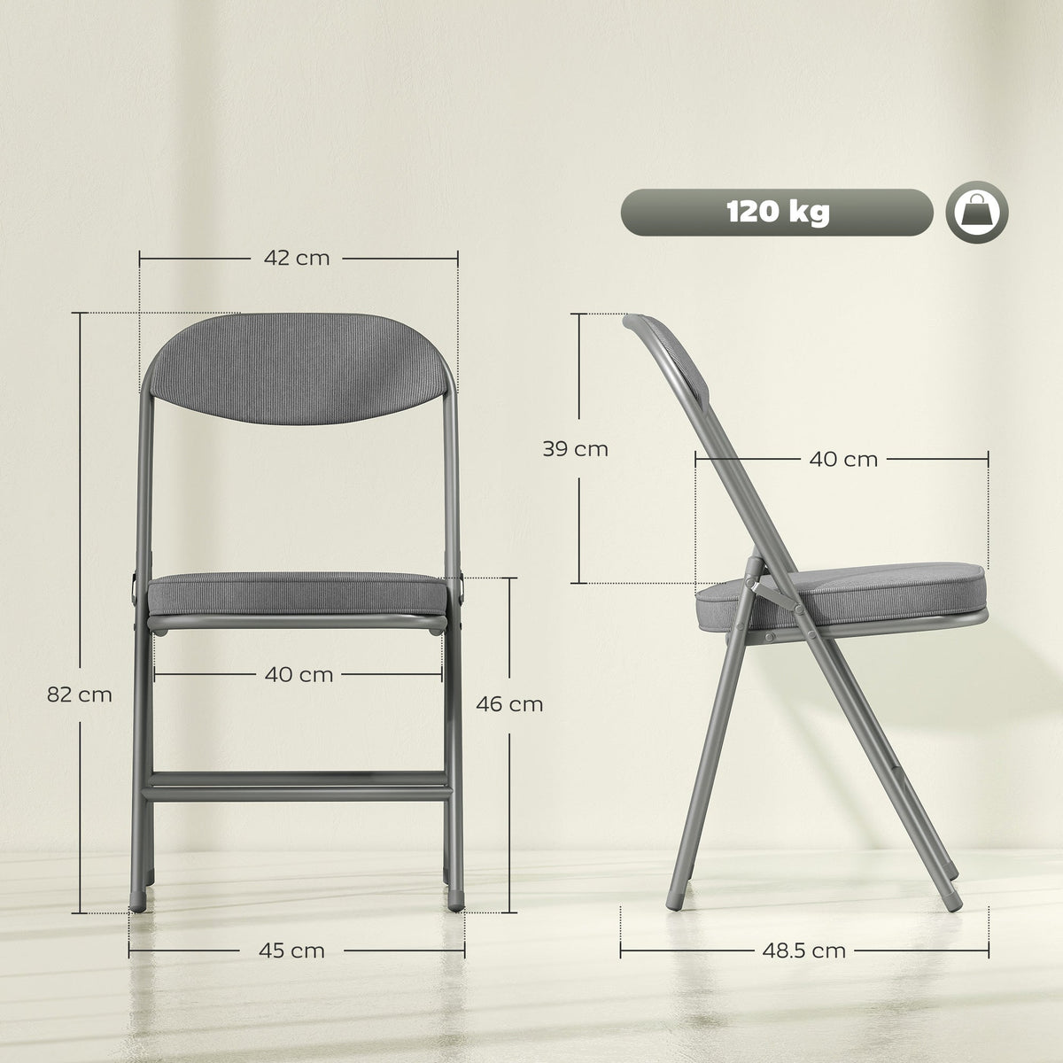 The grey folding chairs shown with dimensions and weight capacity