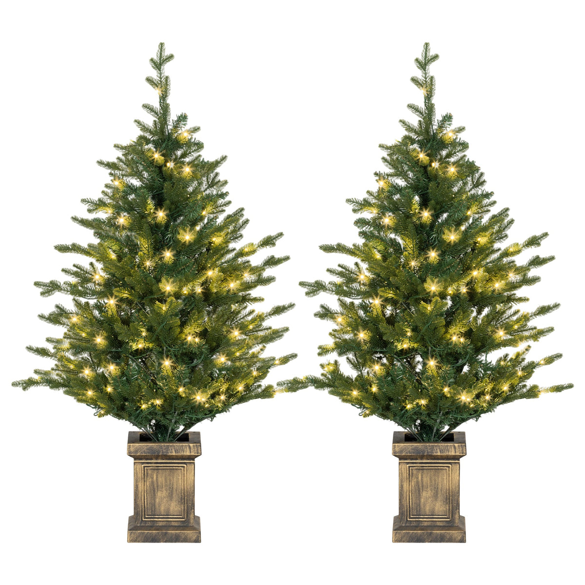 HOMCOM Set of Two Artificial 4ft Christmas Trees, with Lights - Green, showing two trees in decorative pots
