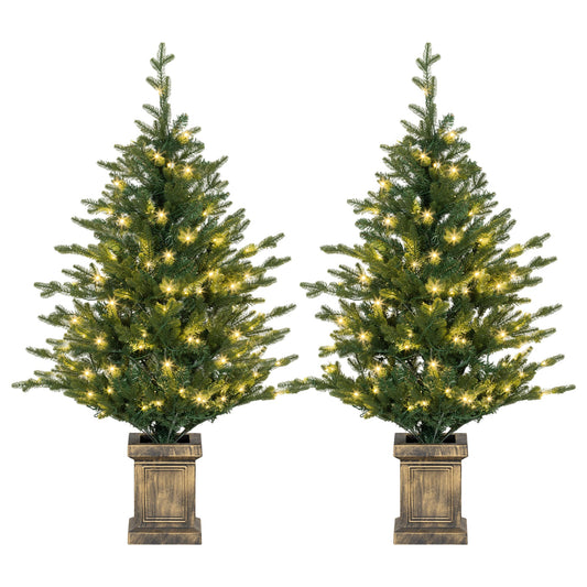 HOMCOM Set of Two Artificial 4ft Christmas Trees, with Lights - Green, showing two trees in decorative pots