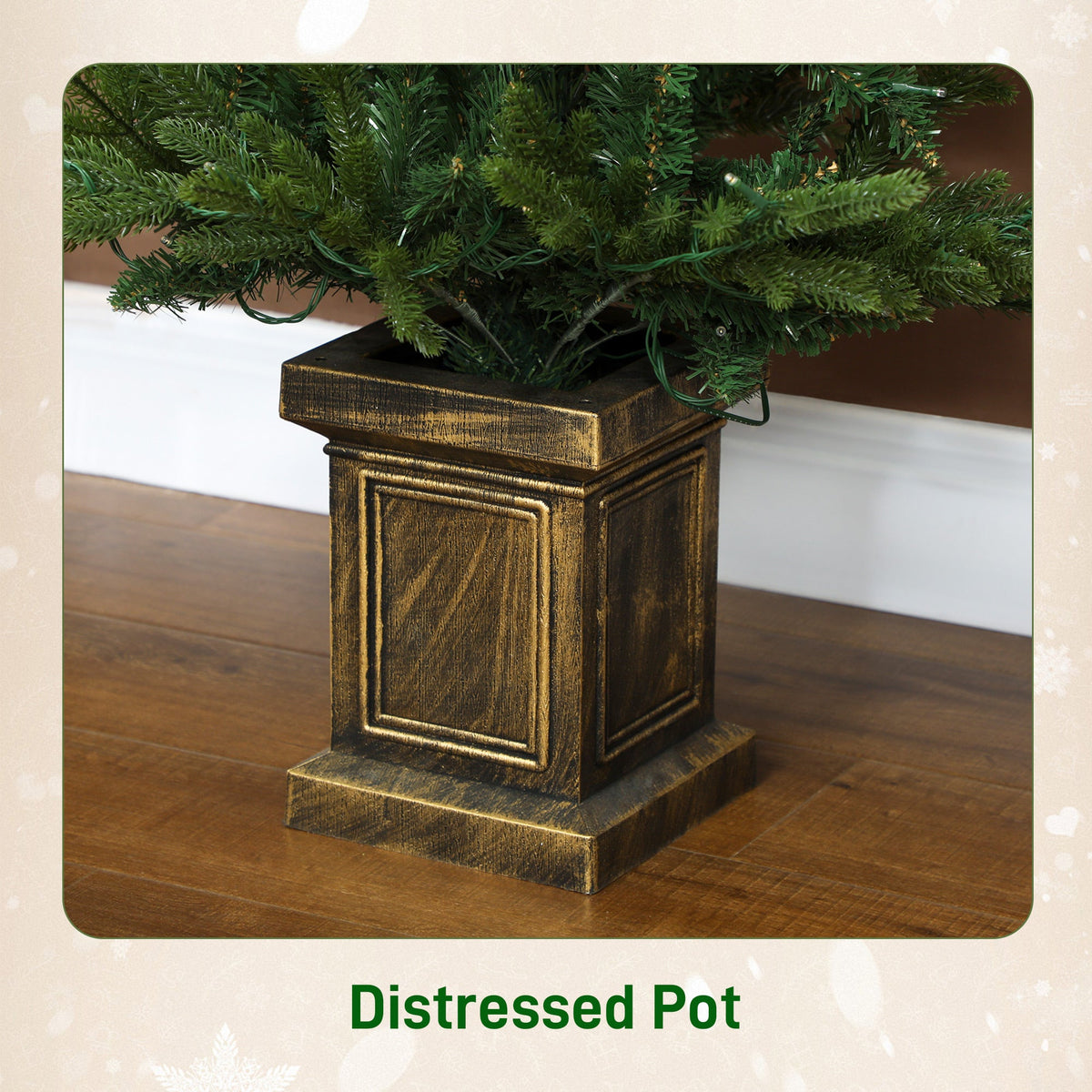 Close up of the decorative pot base of an artificial Christmas tree