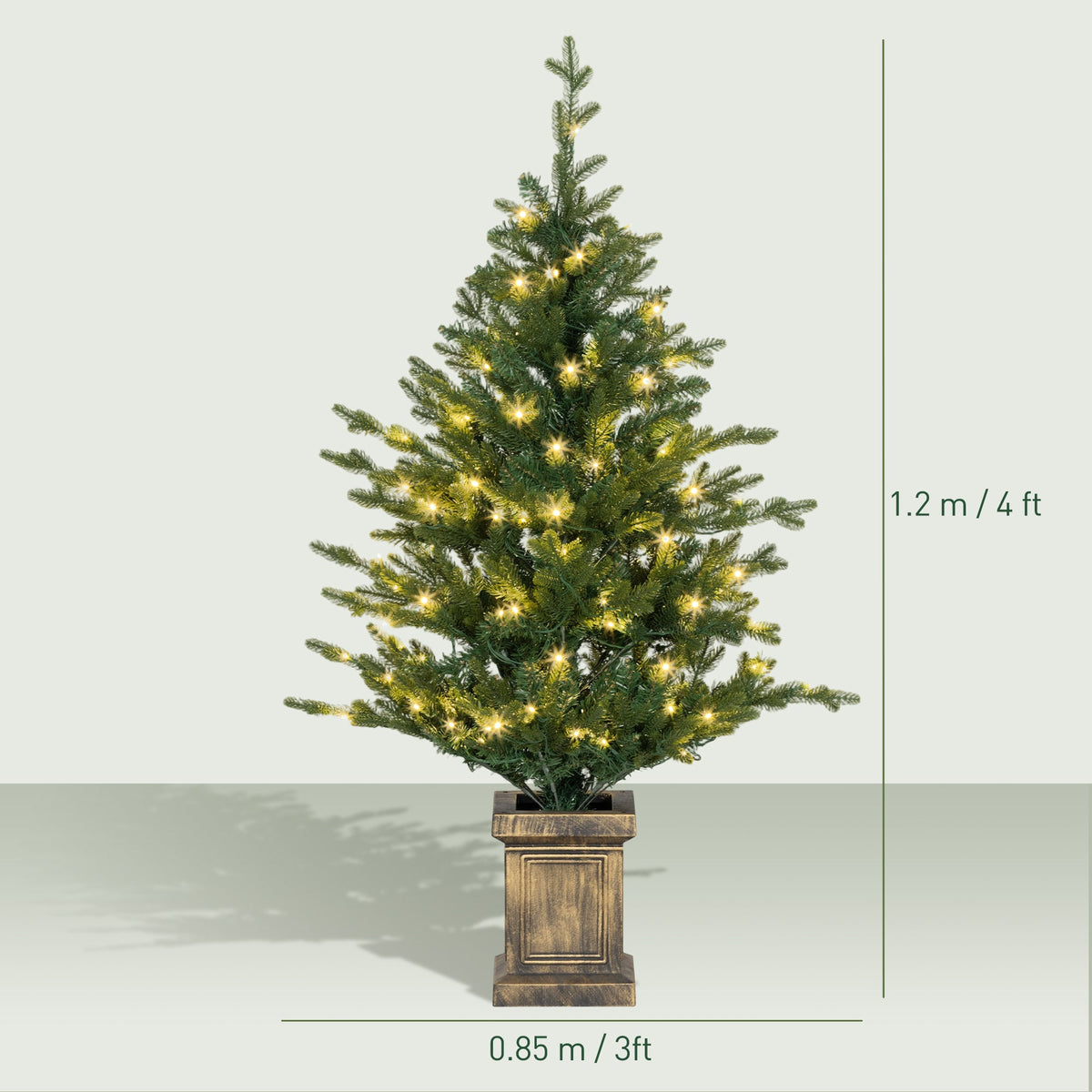 Size diagram of an artificial Christmas tree with lights in a pot