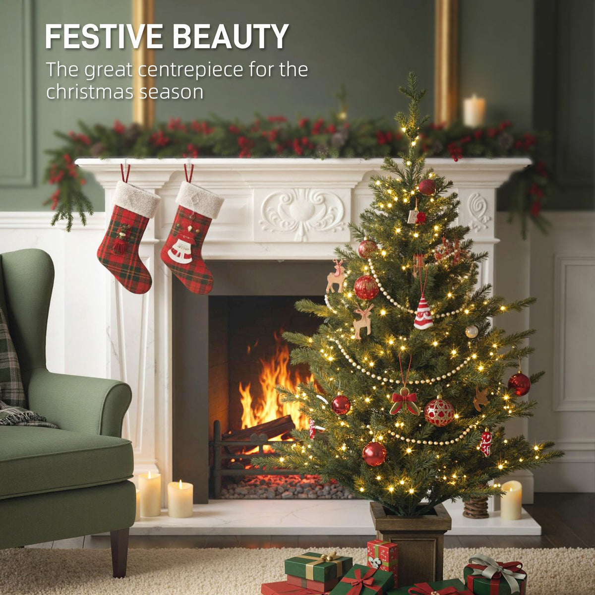 A decorated artificial Christmas tree with lights, standing by a fireplace