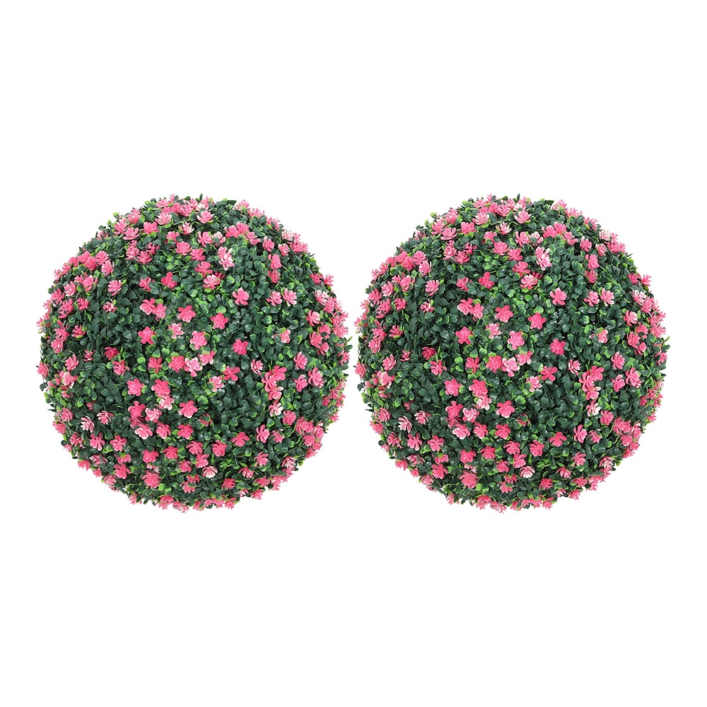 HOMCOM Set of Two Artificial Boxwood Balls Plants with pink flowers