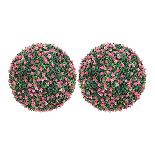 HOMCOM Set of Two Artificial Boxwood Balls Plants with pink flowers