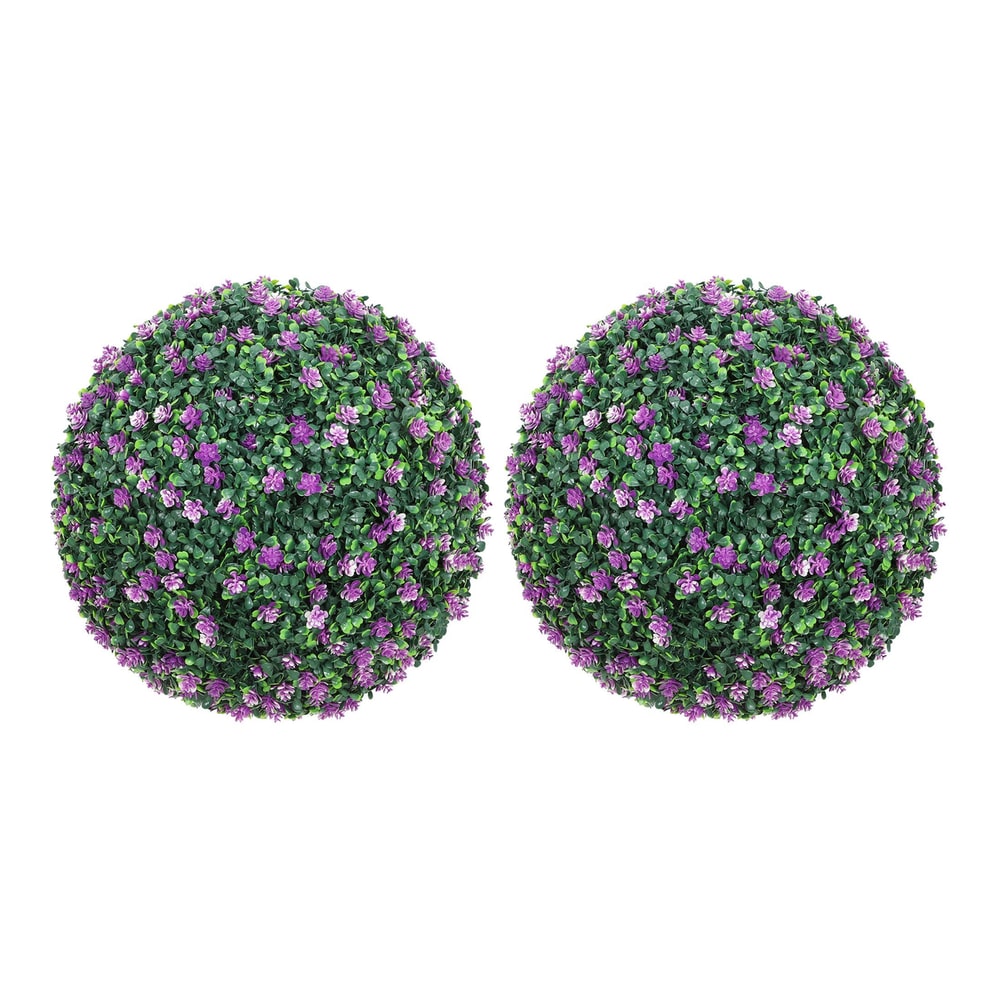 HOMCOM Set of Two Artificial Boxwood Balls Plants with purple flowers on a white background