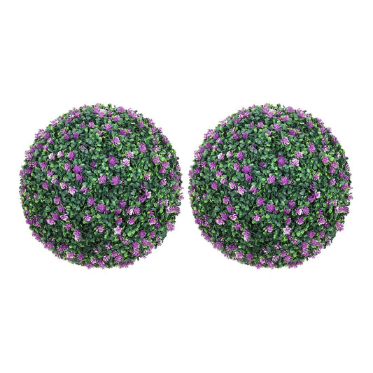 HOMCOM Set of Two Artificial Boxwood Balls Plants with purple flowers on a white background