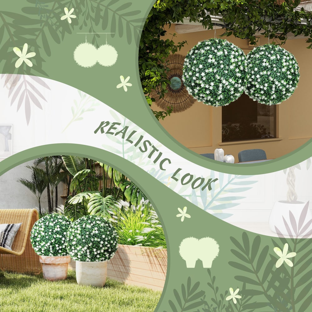 Artificial boxwood ball plants shown in a garden setting and hanging