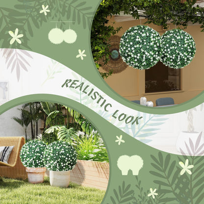 Artificial boxwood ball plants shown in a garden setting and hanging