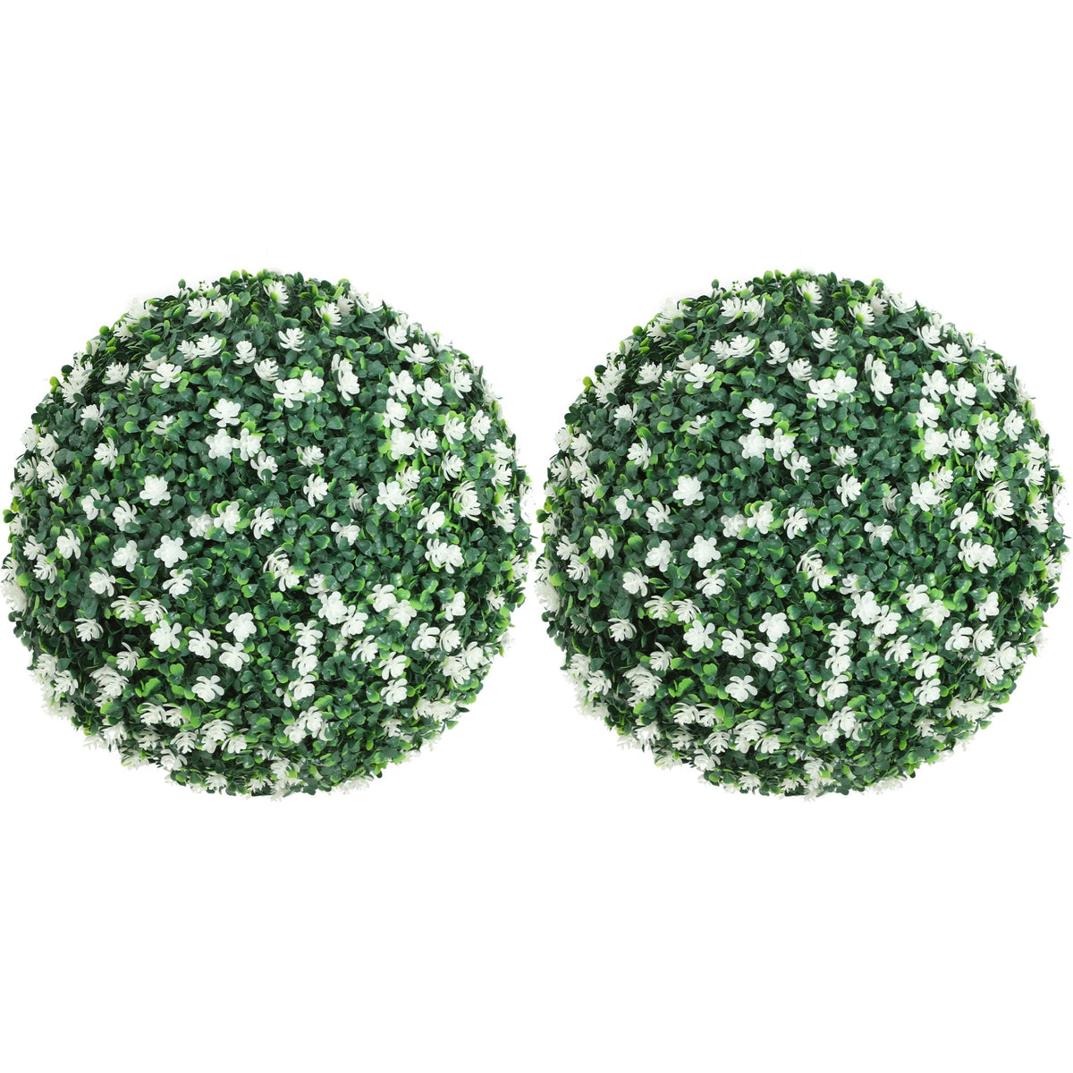 HOMCOM Set of Two Artificial Boxwood Balls Plants with white flowers on a white background
