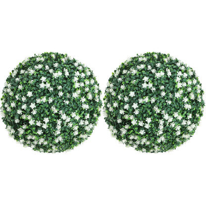 HOMCOM Set of Two Artificial Boxwood Balls Plants with white flowers on a white background