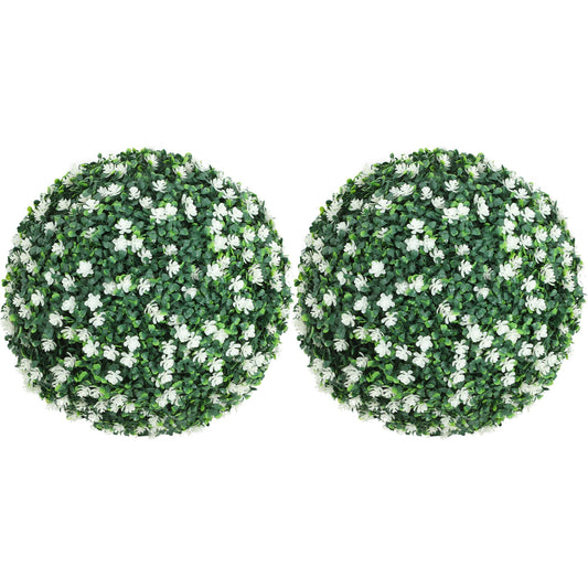 HOMCOM Set of Two Artificial Boxwood Balls Plants with white flowers on a white background